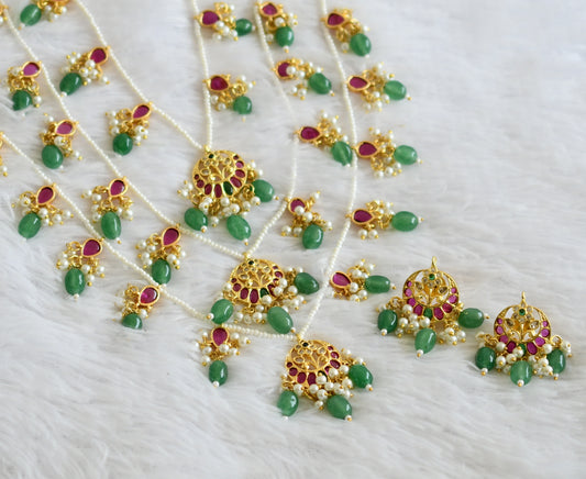 Gold tone kemp-green-white green-pearl beaded moon-flower haar set dj-50576