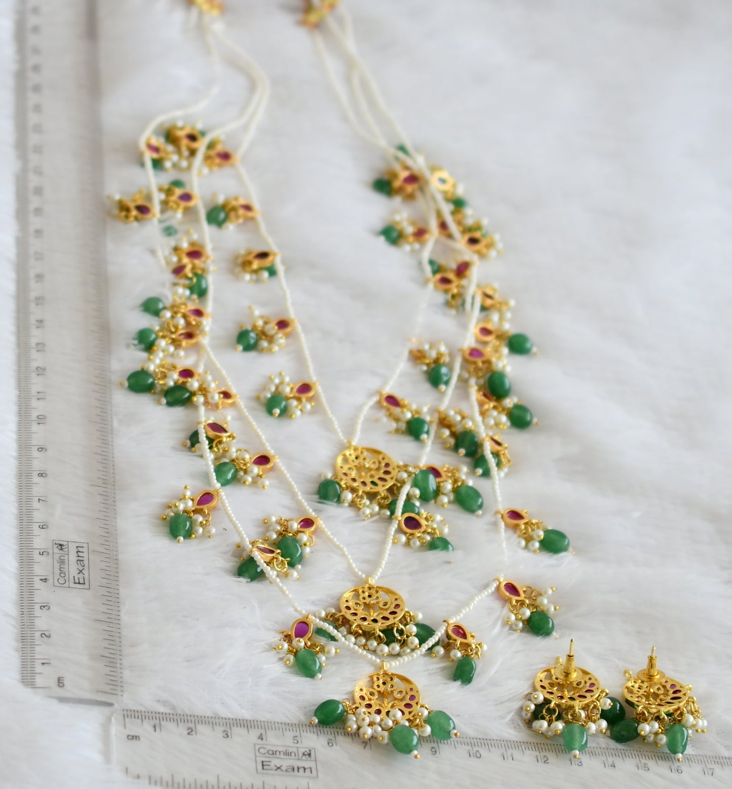 Gold tone kemp-green-white green-pearl beaded moon-flower haar set dj-50576
