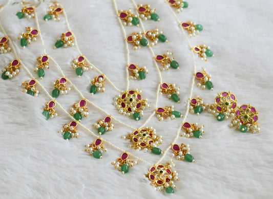 Gold tone kemp-green-white green-pearl beaaded flower step haar set dj-50575