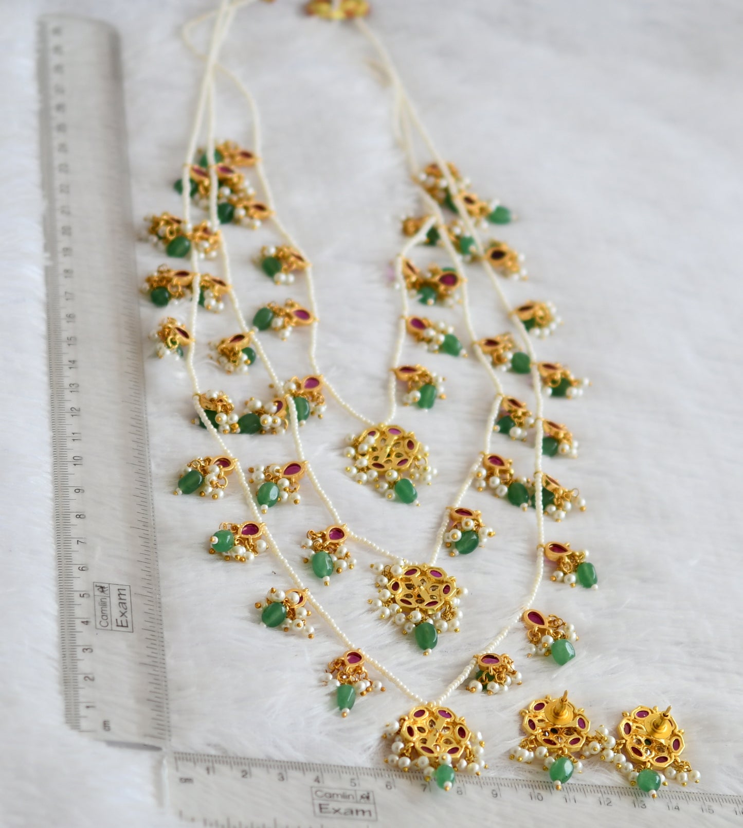 Gold tone kemp-green-white green-pearl beaaded flower step haar set dj-50575