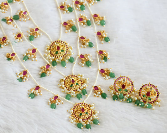 Gold tone kemp-green-white green-pearl beaded step haar set dj-50573