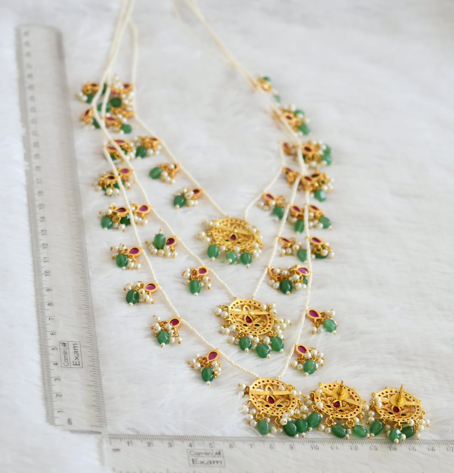 Gold tone kemp-green-white green-pearl beaded step haar set dj-50573