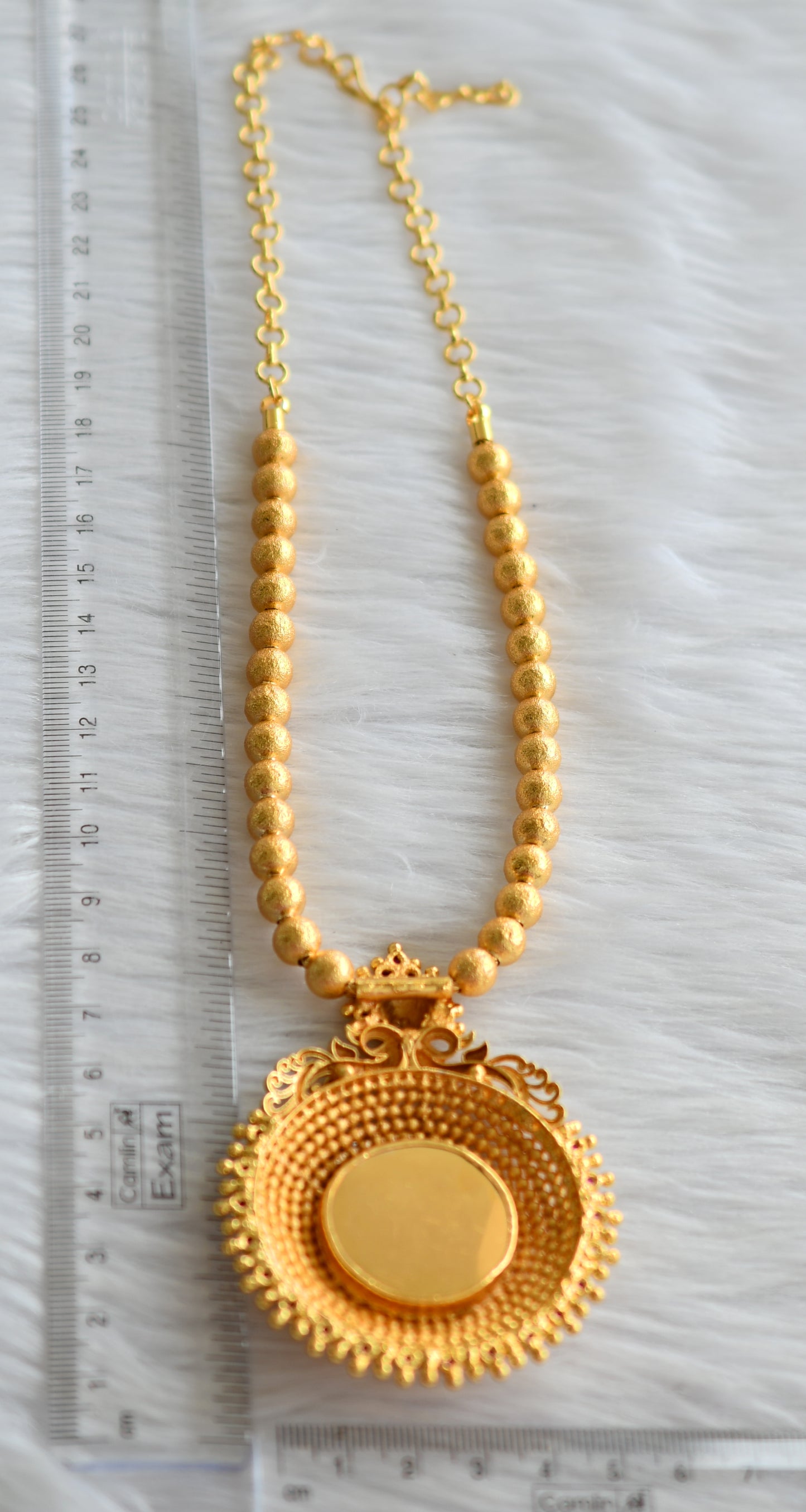 Gold look alike kerala style pink-green lakshmi round ball necklace dj-43611