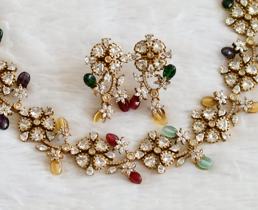Antique gold tone cz multi color bead flower necklace set dj-50561