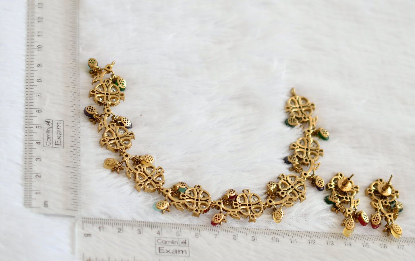 Antique gold tone cz multi color bead flower necklace set dj-50561