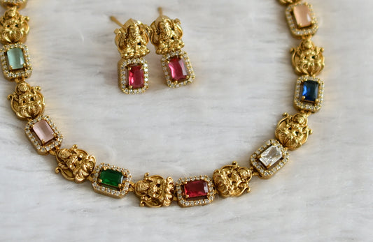 Matte finish cz multi color block stone lakshmi necklace set dj-46929