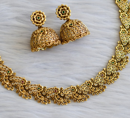 Matte Finish Cz Ruby-green Flower Leaf Necklace Set DJ33717