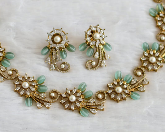 Antique gold tone cz pearl-sea green flower necklace set dj-50559