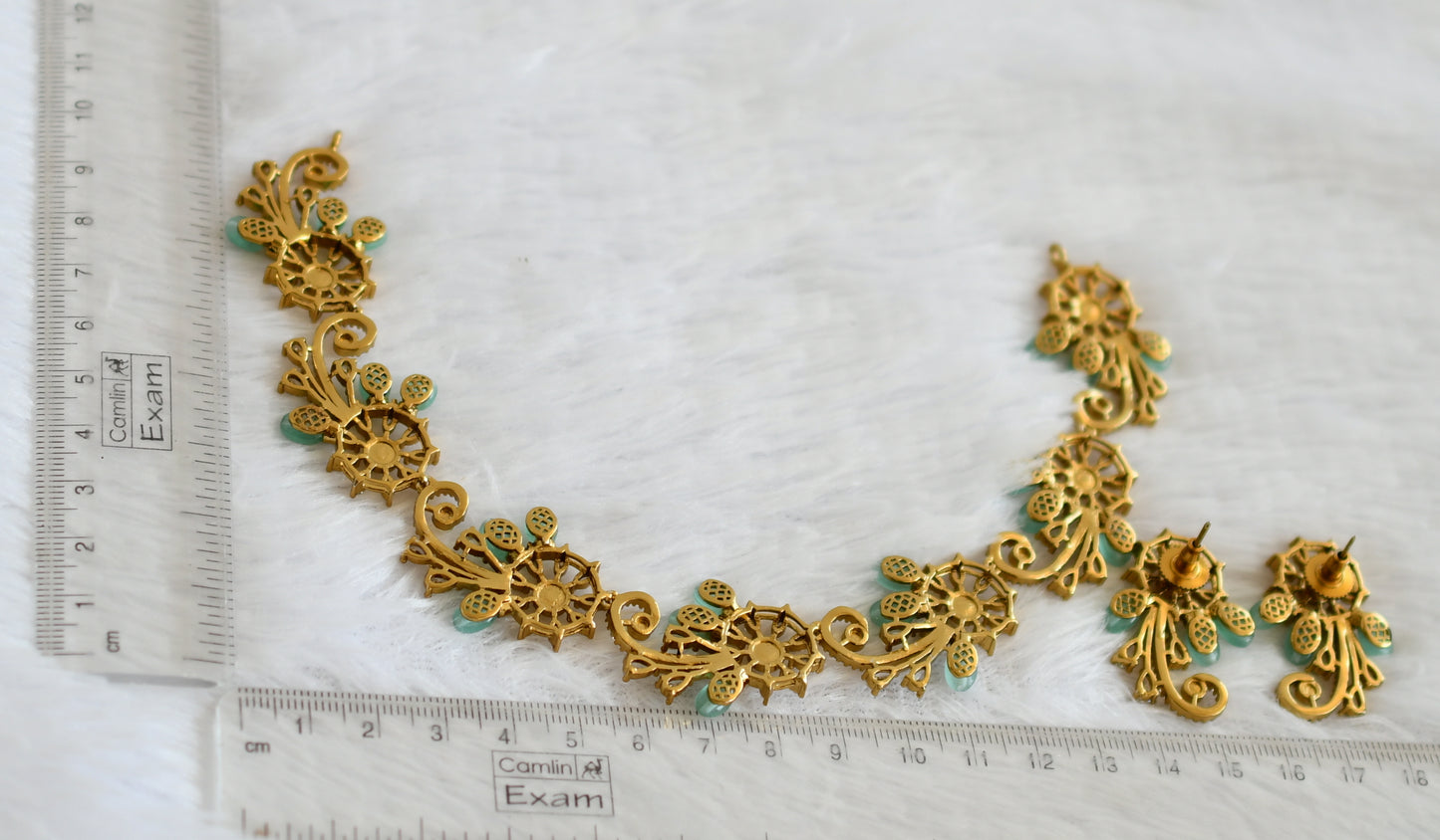 Antique gold tone cz pearl-sea green flower necklace set dj-50559