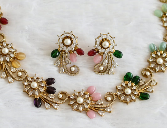 Antique gold tone cz pearl-multi color bead flower necklace set dj-50560