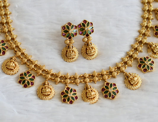Matte finish ruby-emerald lakshmi flower necklace set dj-50564