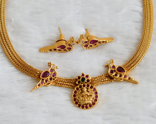 Matte finish kemp-green lakshmi bird necklace set dj-50563
