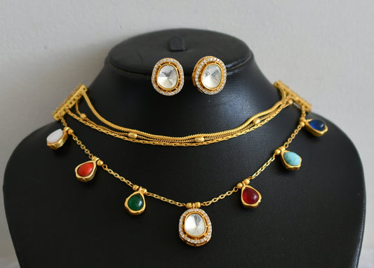 Matte finish cz white-navarathna kundan layer necklace set dj-48726