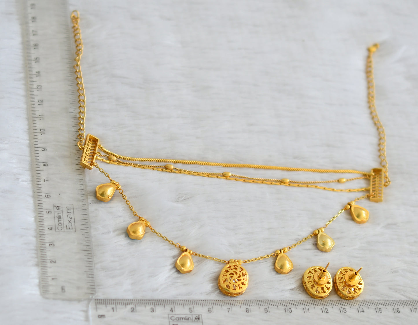 Matte finish cz white-navarathna kundan layer necklace set dj-48726