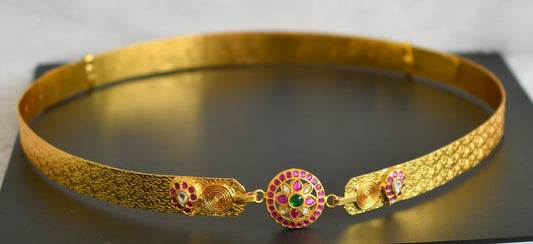 Gold tone pink-green-white kundan jadau flower mango waist band dj-50400