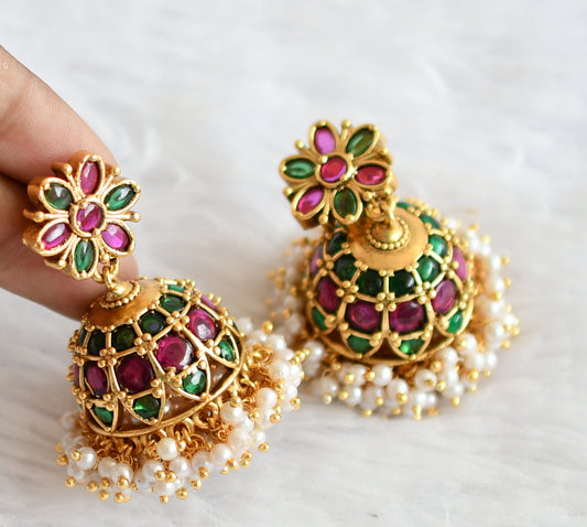 Matte finish kemp-green stone pearl cluster flower jhumkka dj-50521