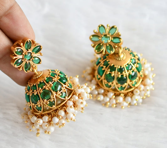 Matte finish green stone pearl cluster flower jhumkka dj-50520