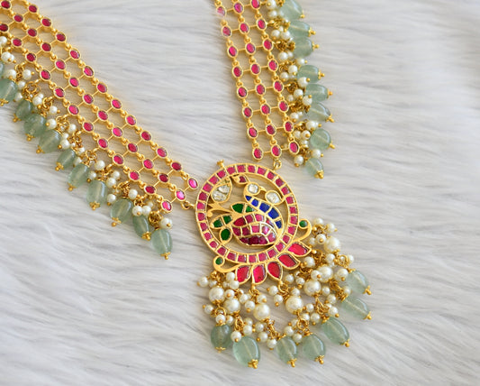 Gold tone pink-green-white-blue sea green beaded peacock kundaan jadau necklace dj-45266
