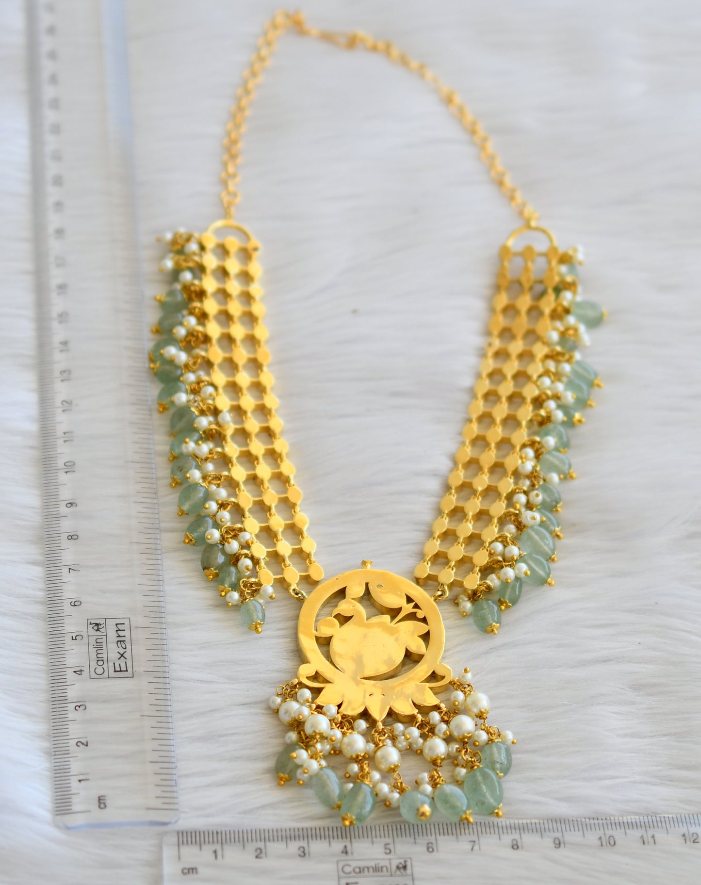 Gold tone pink-green-white-blue sea green beaded peacock kundaan jadau necklace dj-45266