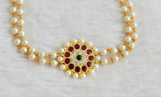 Gold tone semi precious kemp-green-white pearl choker dj-50584