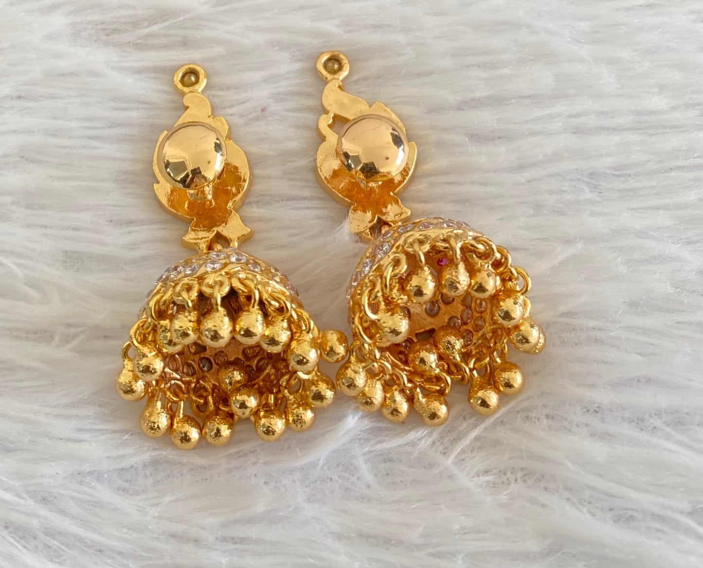 Gold tone AD pink-white south Indian peacock jhumkka dj-53593