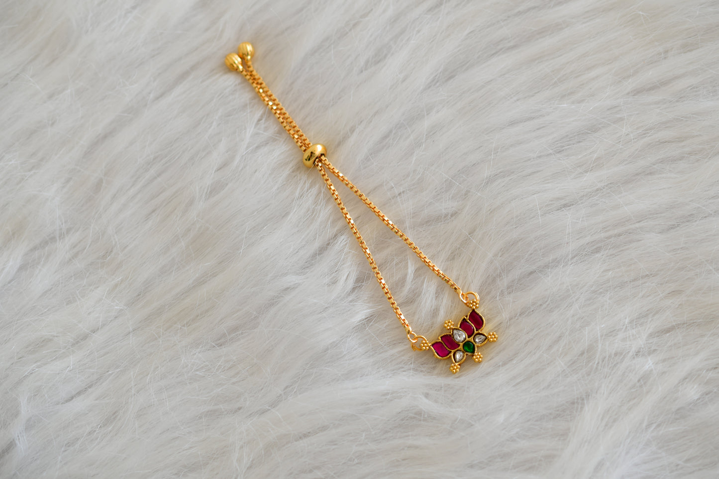 Gold tone pink-green-white kundan jadau lotus bracelet dj-52660