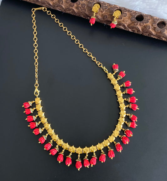 Antique gold tone red tulip beaded necklace set dj-54190