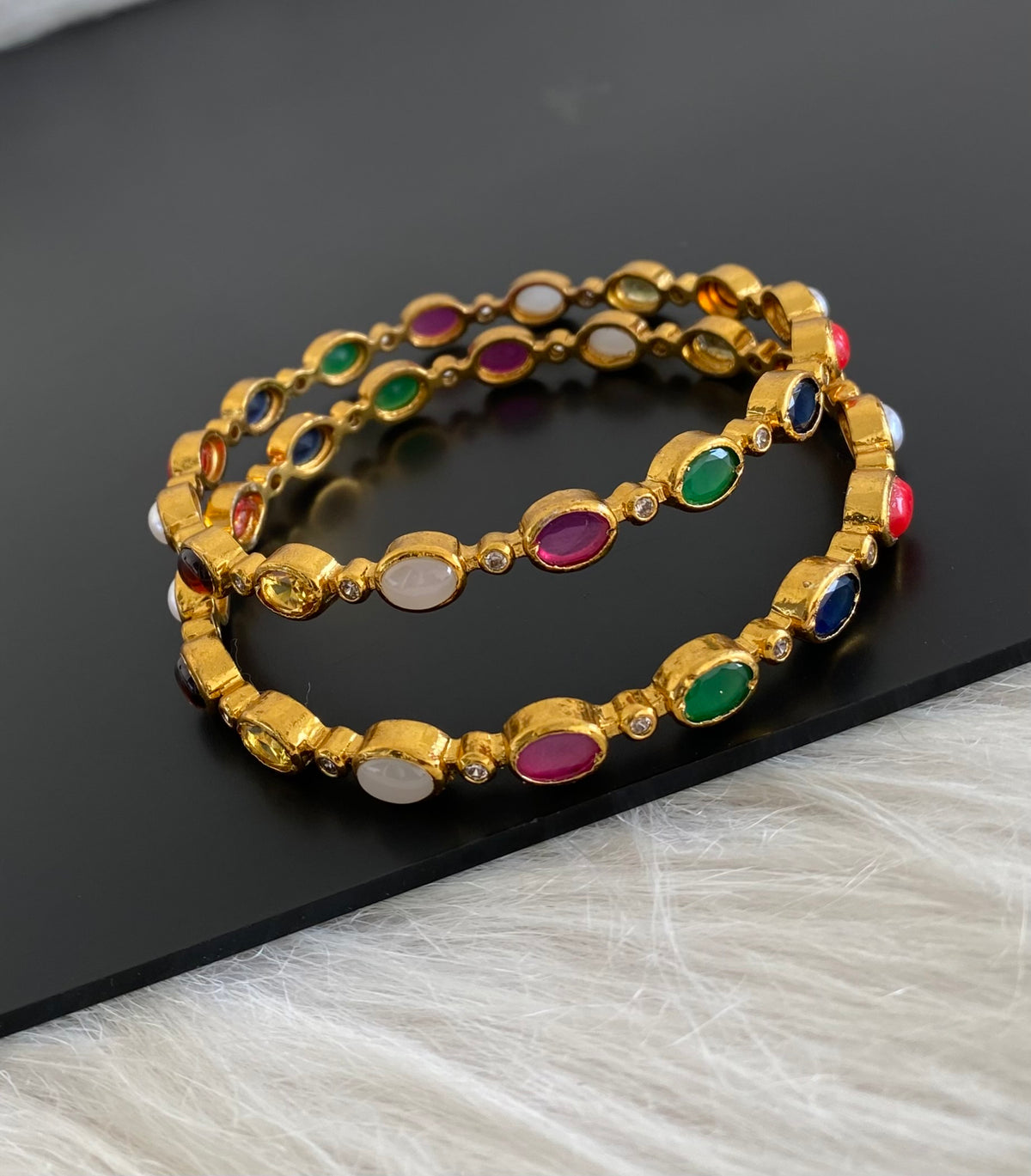 Antique gold tone navarathna stone bangles(2.10) dj-55169
