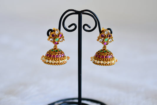 Antique gold tone ruby-green pearl jhumkka dj-52544