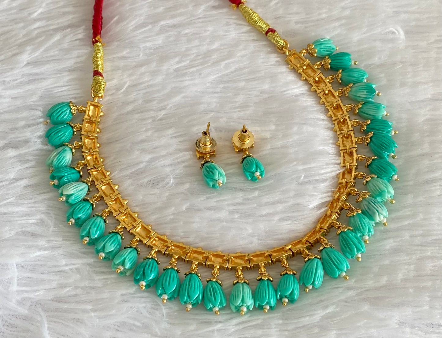 Antique gold tone dark green tulip beaded necklace set dj-54368