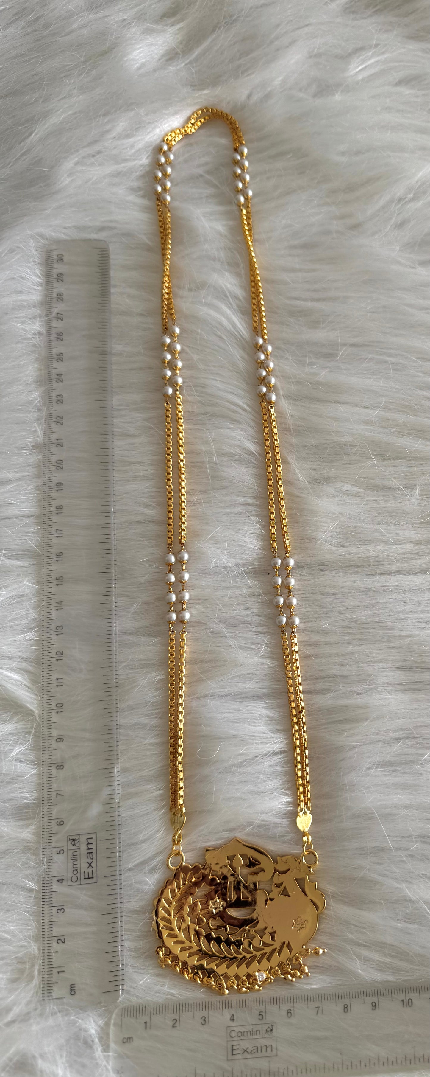 Gold tone double layer pearl chain with AD pink-green Om peacock pendant dj-51191