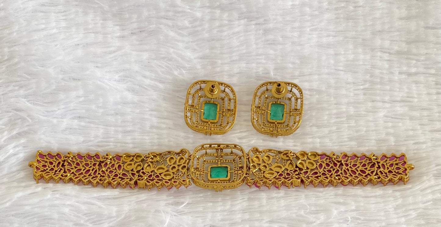 Antique gold tone ruby-green-white choker necklace set dj-54075