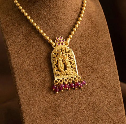 Gold tone pink stone Radhe-Krishna short chain dj-51737