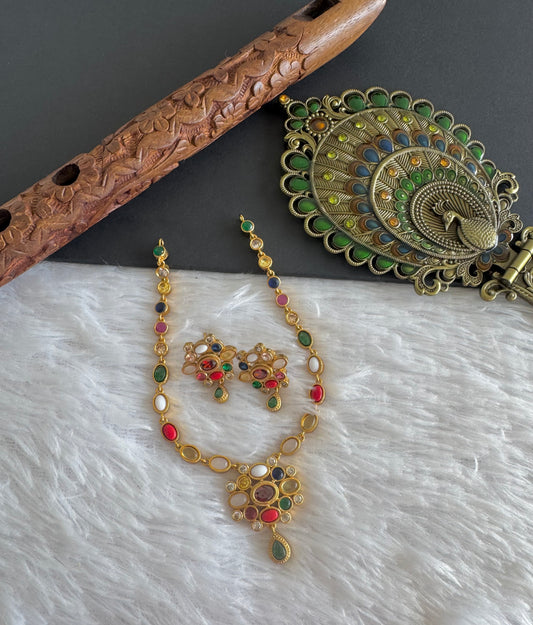 Matte Finish oval stone Navarathna Necklace Set dj-52134