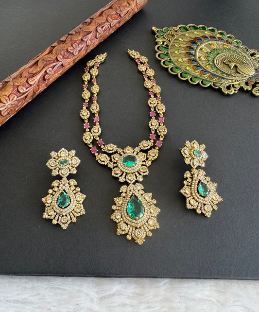 Antique gold tone ruby-sea green floral double layer necklace set dj-52128