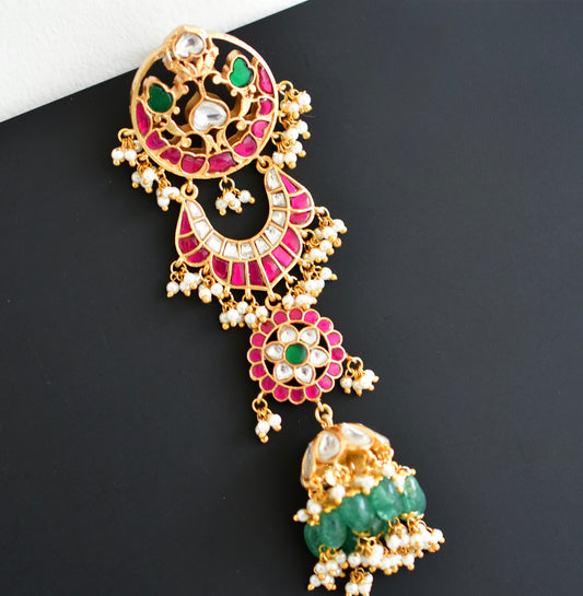 Gold tone pink-green kundan jadau floral hair jewel dj-52382