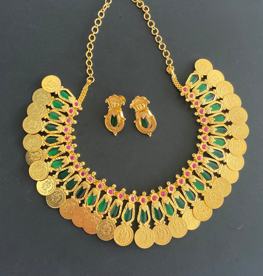 Gold Tone Ruby-green Nagapadam Lakshmi Coin Necklace Set Dj-51121