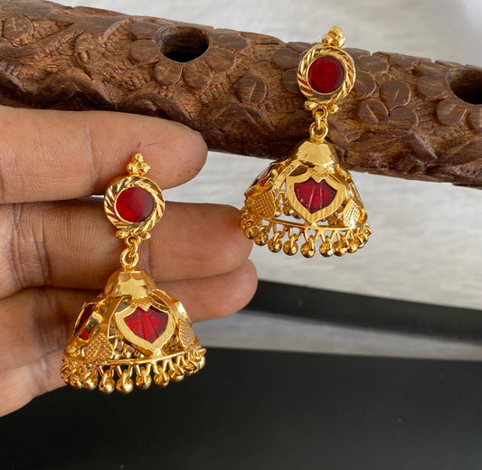 Gold tone kerala style red 4 petals of palakka jhumkka dj-53129