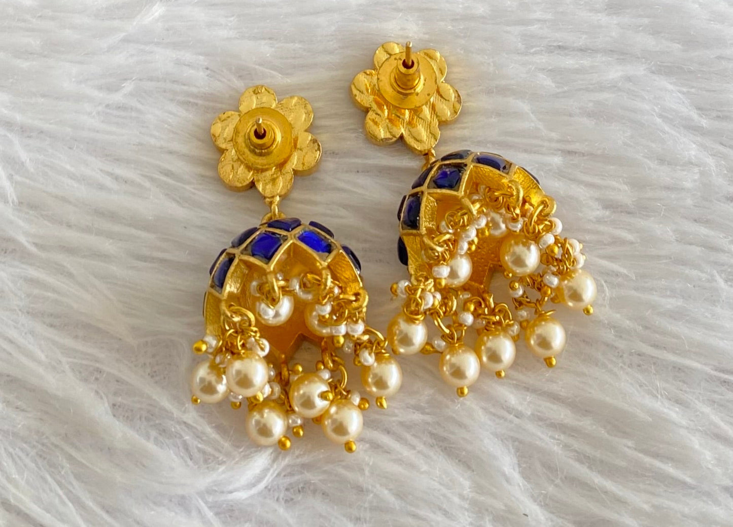 Gold tone blue-white stone kundan jadau jhumkka dj-53586