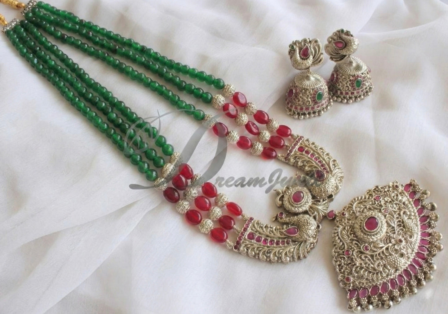 Silver tone Ruby-Green agates Peacock Haar Set DJ17763