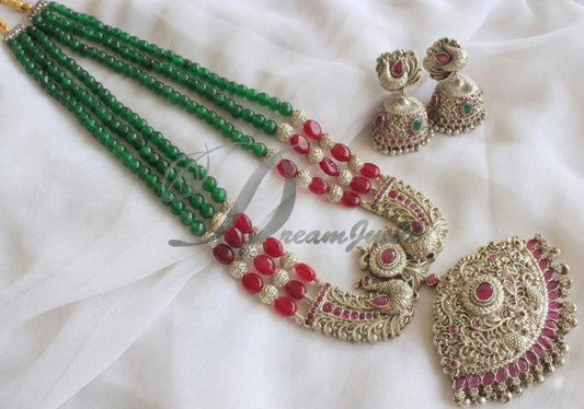 Silver tone Ruby-Green agates Peacock Haar Set DJ17763