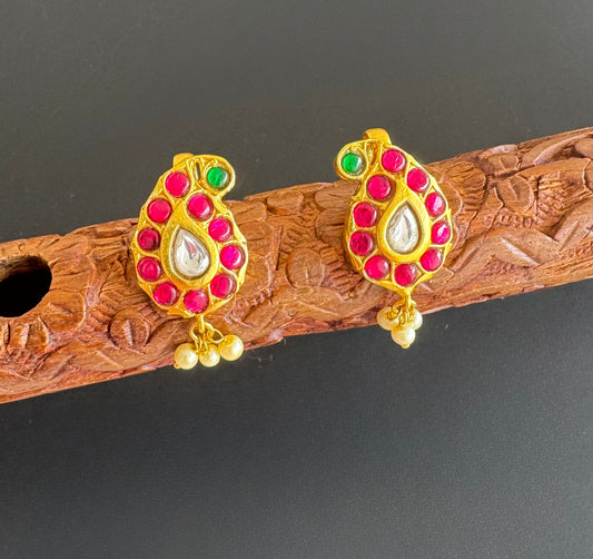 Gold tone pink-green kundan jadau mango bugadi earrings dj-51148