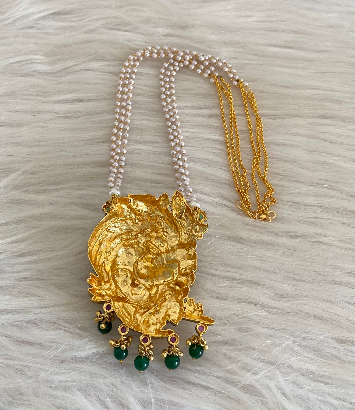 Antique gold tone shri krishna green beaded pearl mid/length haar dj-54759