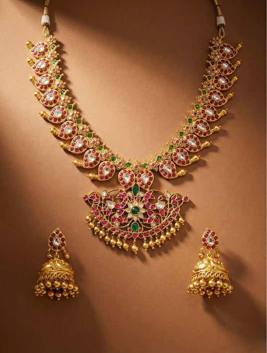Matte Gold Look Alike White Kemp-green Mango Kundan jadau Necklace Set DJ33259