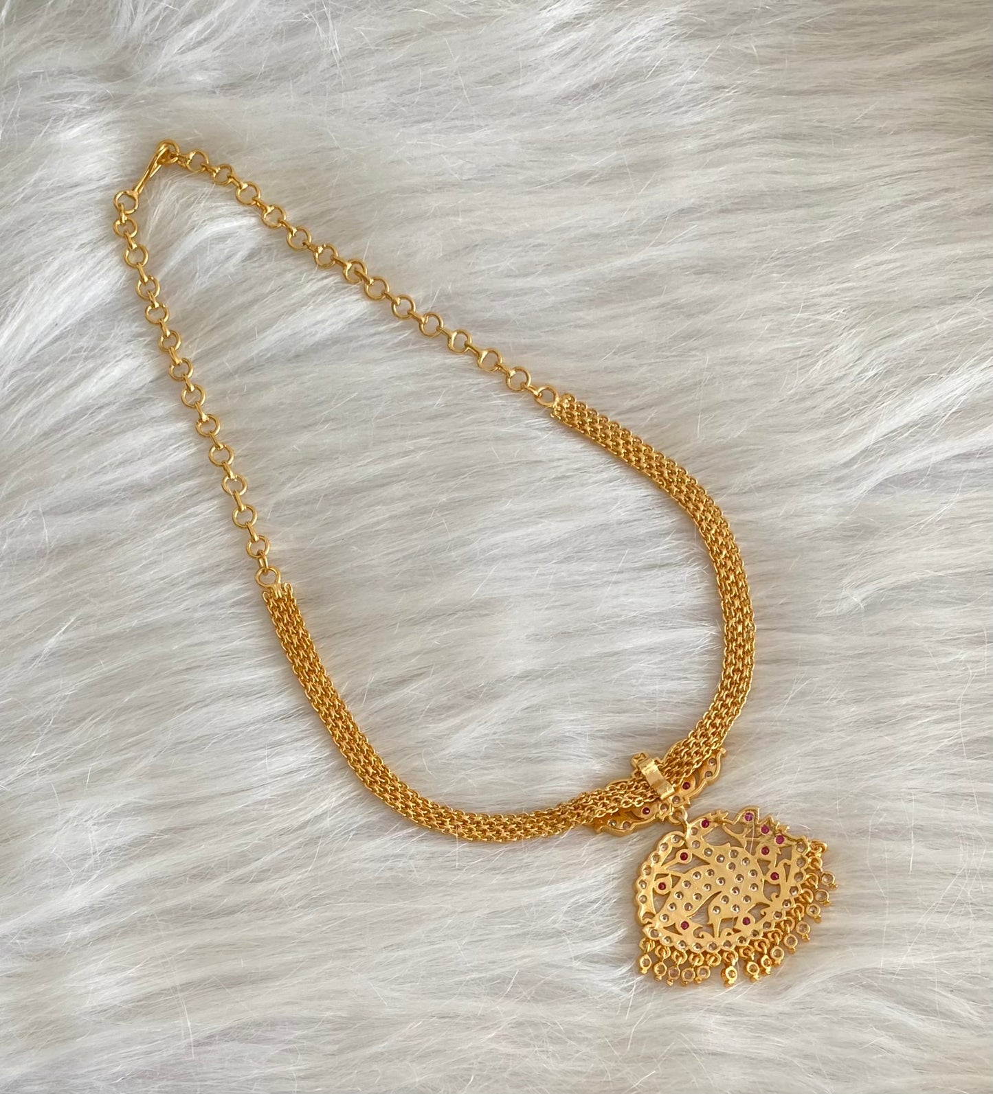 Gold tone south indian AD white-pink swan attigai/necklace dj-53898
