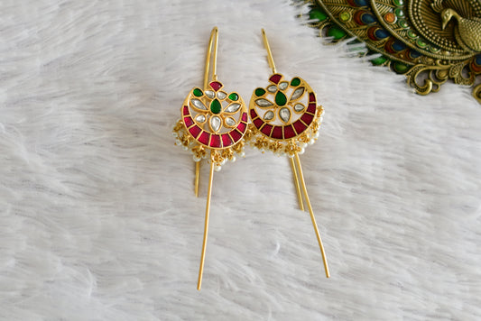 Gold tone pink-green-white kundan jadau bali bugadi needle earrings dj-52458