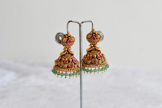 Antique gold tone pink green beaded swan jhumkka dj-52504