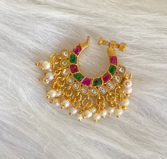 Gold tone kundan jadau pink-green-white stone pearl nose pin dj-53726