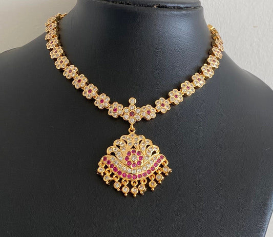 Gold tone AD white-pink stone south Indian flower necklace dj-54207