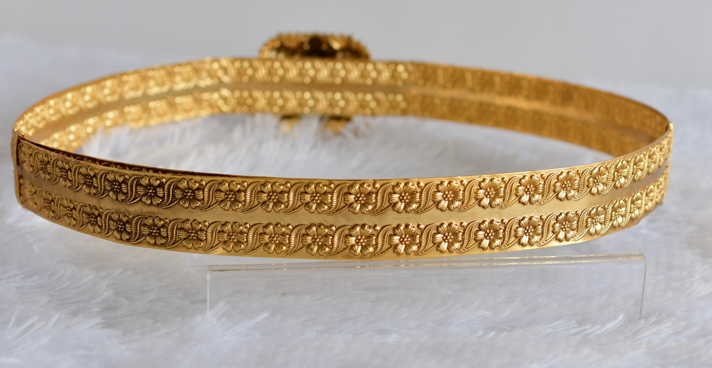 Antique gold tone pink-green-white kundan jadau Lakshmi peacock waist band dj-52183